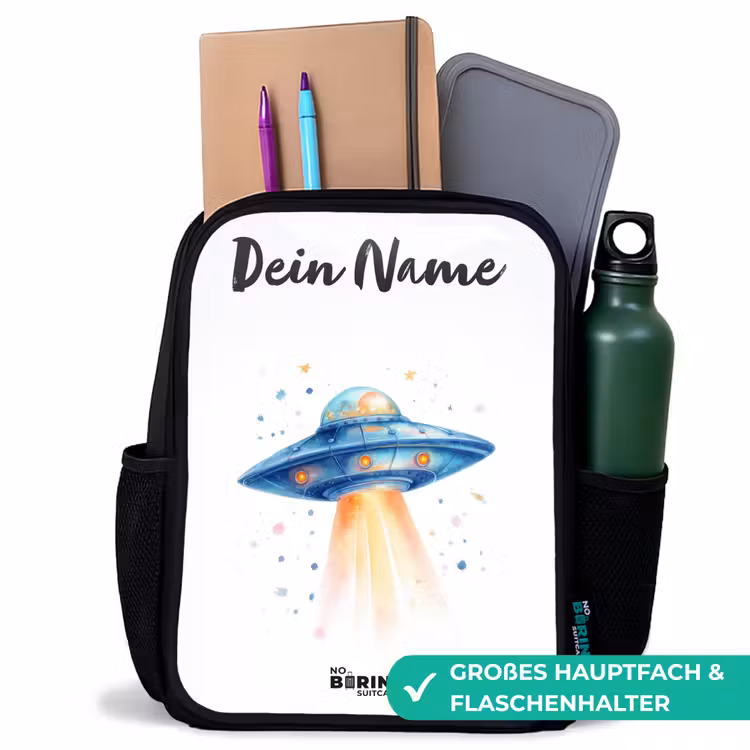 Kinderrucksack mit Namen - Schwarz - Blaues Raumschiff mit Lichtstrahl — 8