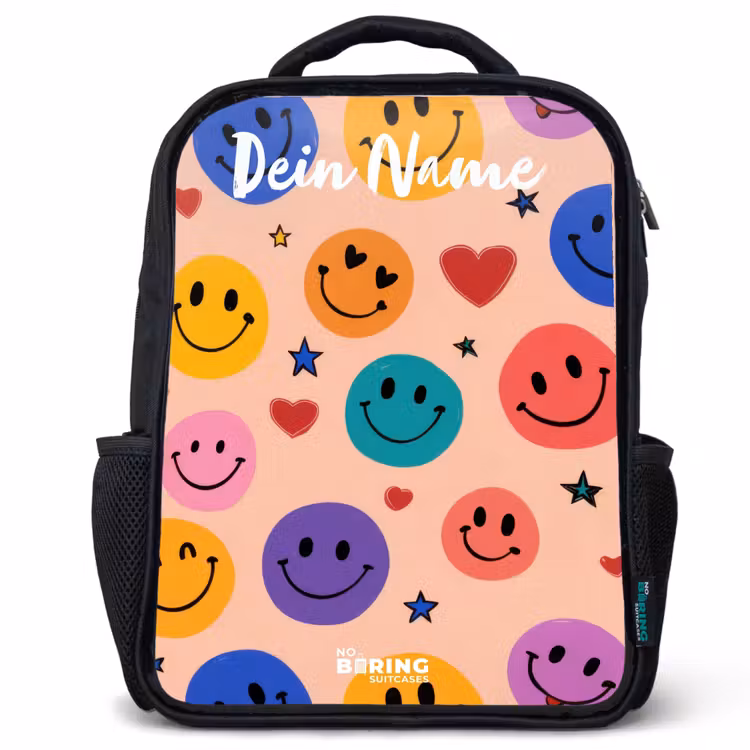 Kinderrucksack mit Namen - Schwarz - Fröhliches Smiley-Muster — 1