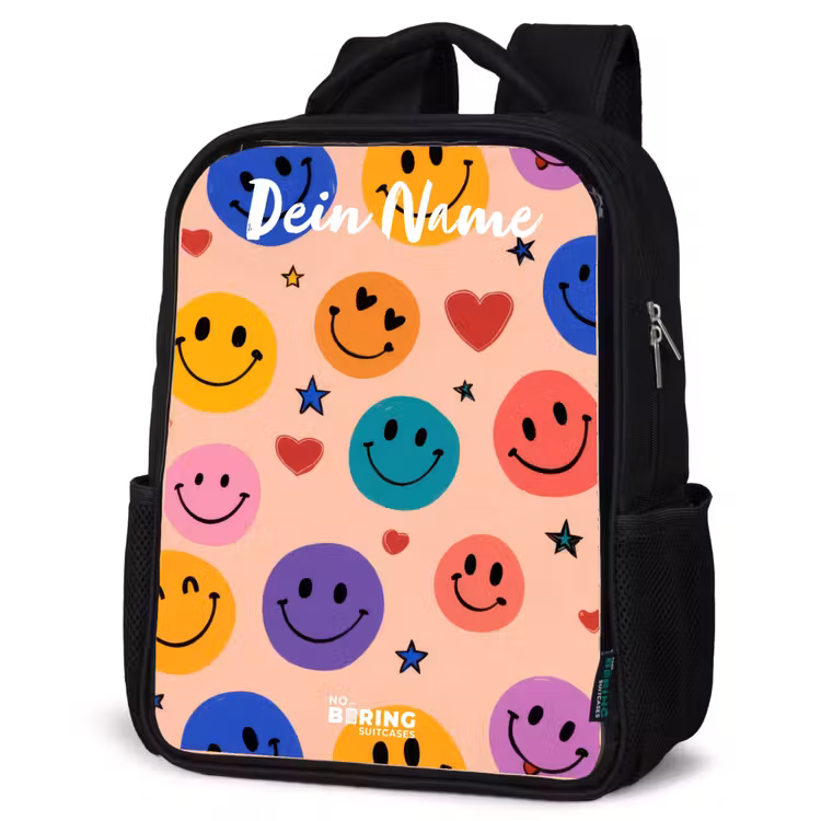 Kinderrucksack mit Namen - Schwarz - Fröhliches Smiley-Muster — 4