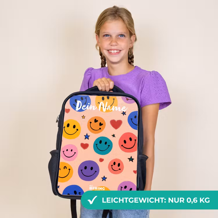 Kinderrucksack mit Namen - Schwarz - Fröhliches Smiley-Muster — 7