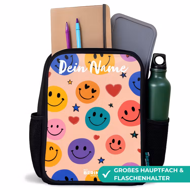 Kinderrucksack mit Namen - Schwarz - Fröhliches Smiley-Muster — 8