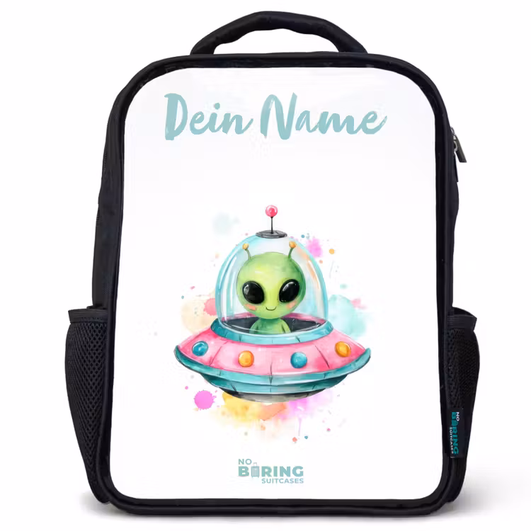 Kinderrucksack mit Namen - Schwarz - Grüner Außerirdischer in buntem UFO — 1