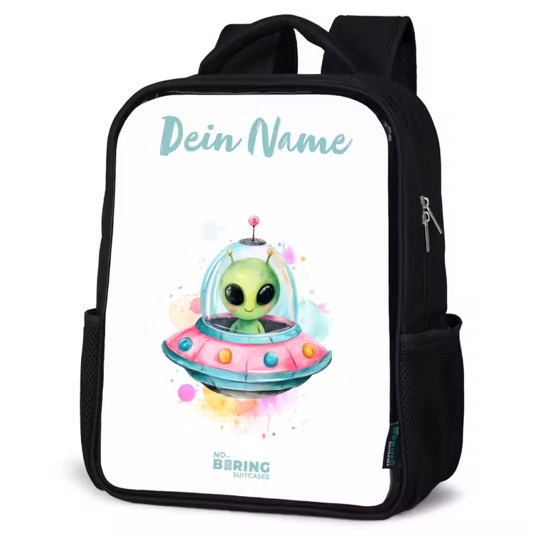 Kinderrucksack mit Namen - Schwarz - Grüner Außerirdischer in buntem UFO — 4