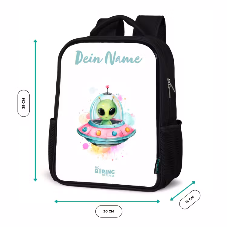 Kinderrucksack mit Namen - Schwarz - Grüner Außerirdischer in buntem UFO — 6
