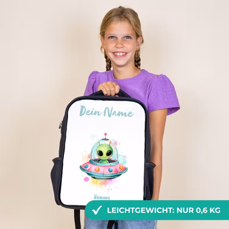 Kinderrucksack mit Namen - Schwarz - Grüner Außerirdischer in buntem UFO — 7