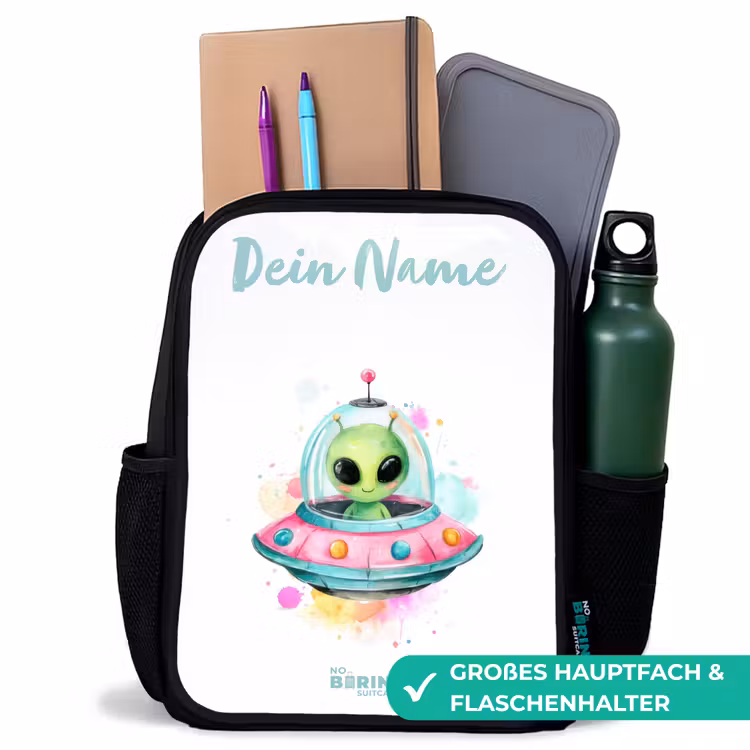 Kinderrucksack mit Namen - Schwarz - Grüner Außerirdischer in buntem UFO — 8