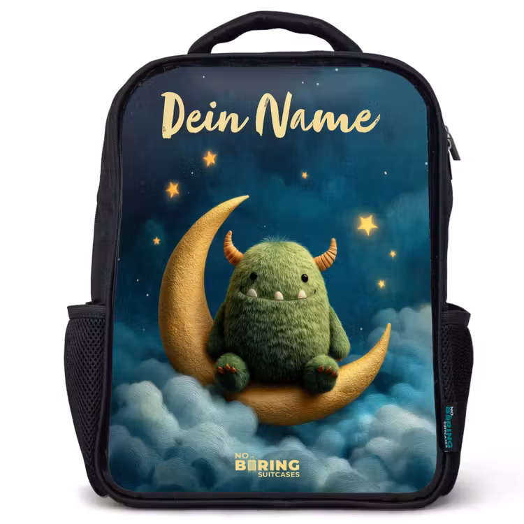 Kinderrucksack mit Namen - Schwarz - Grünes Ungeheuer auf Mondsichel — 1