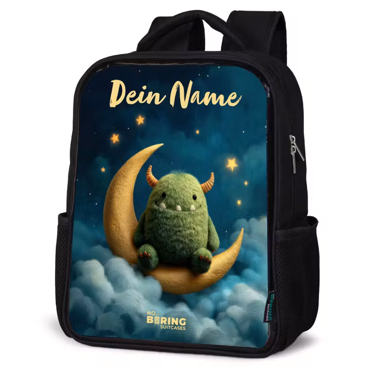 Kinderrucksack mit Namen - Schwarz - Grünes Ungeheuer auf Mondsichel — 4