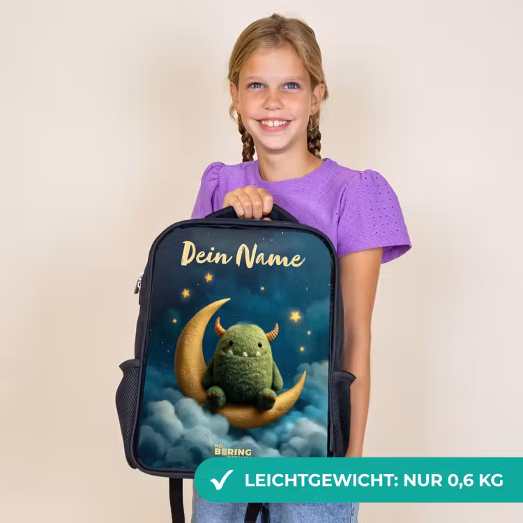 Kinderrucksack mit Namen - Schwarz - Grünes Ungeheuer auf Mondsichel — 7