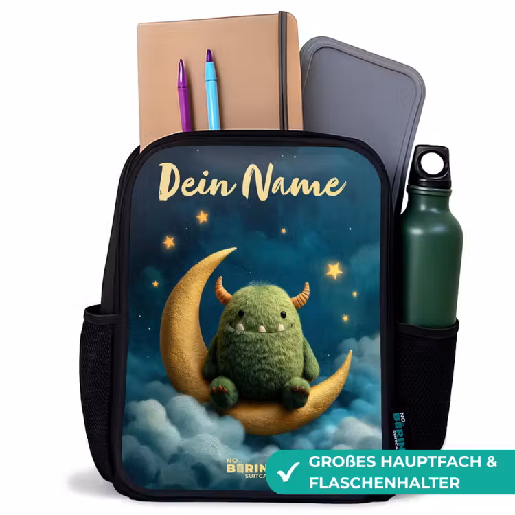 Kinderrucksack mit Namen - Schwarz - Grünes Ungeheuer auf Mondsichel — 8