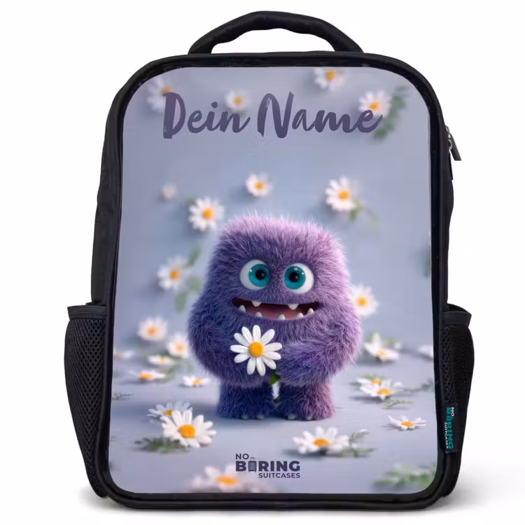 Kinderrucksack mit Namen - Schwarz - Lila flauschiger Freund mit Gänseblümchen — 1