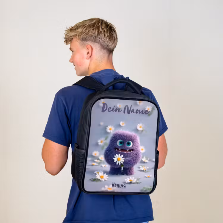 Kinderrucksack mit Namen - Schwarz - Lila flauschiger Freund mit Gänseblümchen — 3