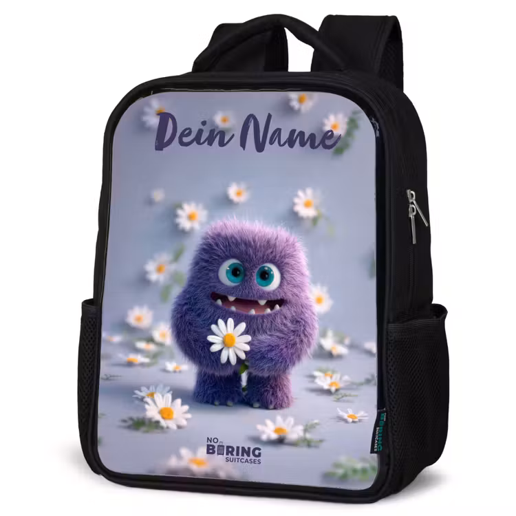 Kinderrucksack mit Namen - Schwarz - Lila flauschiger Freund mit Gänseblümchen — 4