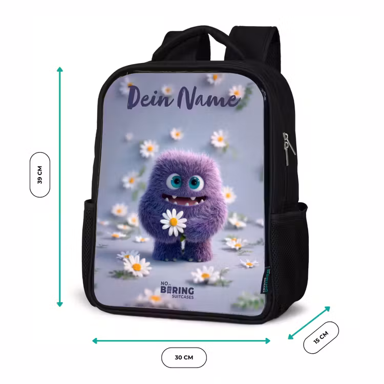 Kinderrucksack mit Namen - Schwarz - Lila flauschiger Freund mit Gänseblümchen — 6