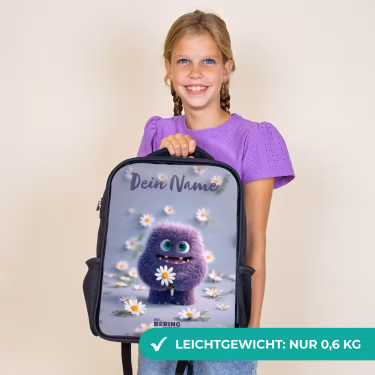 Kinderrucksack mit Namen - Schwarz - Lila flauschiger Freund mit Gänseblümchen — 7