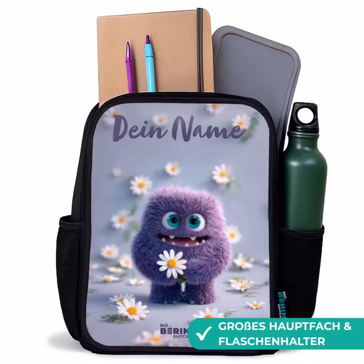 Kinderrucksack mit Namen - Schwarz - Lila flauschiger Freund mit Gänseblümchen — 8
