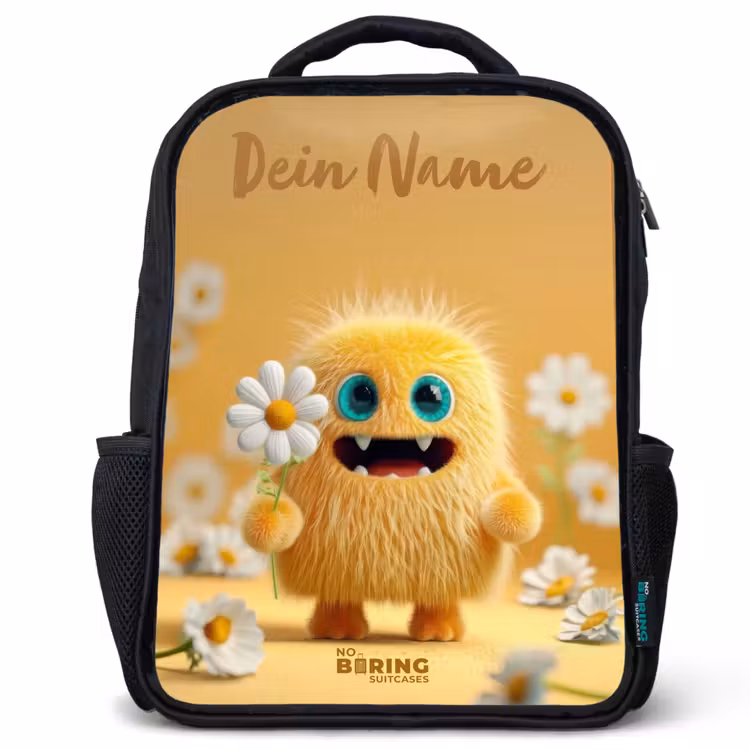 Kinderrucksack mit Namen - Schwarz - Monster - Kreatur - Blume - Gelb — 1