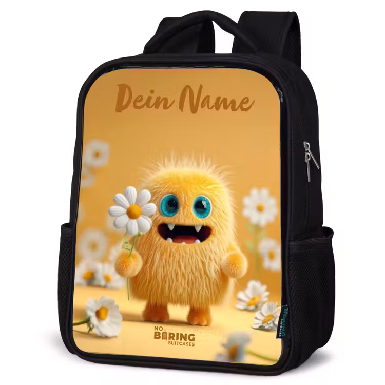 Kinderrucksack mit Namen - Schwarz - Monster - Kreatur - Blume - Gelb — 4