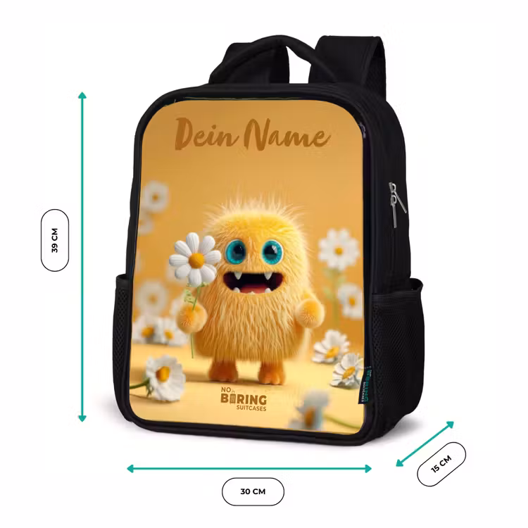 Kinderrucksack mit Namen - Schwarz - Monster - Kreatur - Blume - Gelb — 6