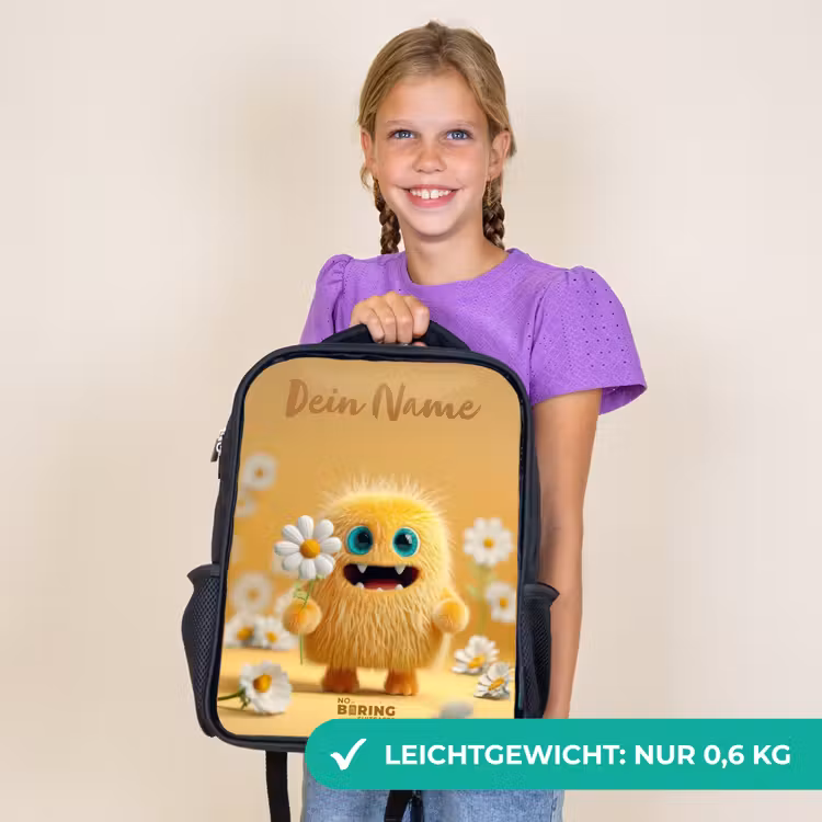 Kinderrucksack mit Namen - Schwarz - Monster - Kreatur - Blume - Gelb — 7