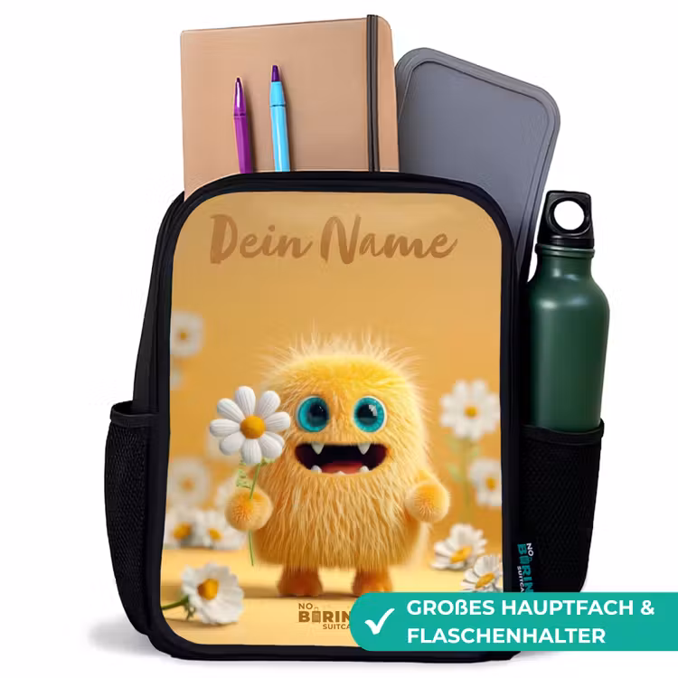 Kinderrucksack mit Namen - Schwarz - Monster - Kreatur - Blume - Gelb — 8