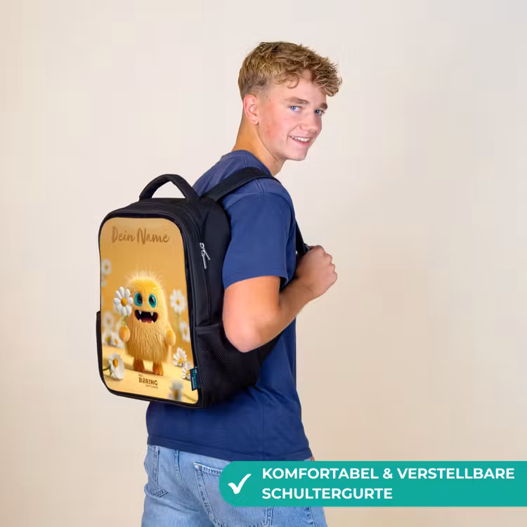 Kinderrucksack mit Namen - Schwarz - Monster - Kreatur - Blume - Gelb — 9