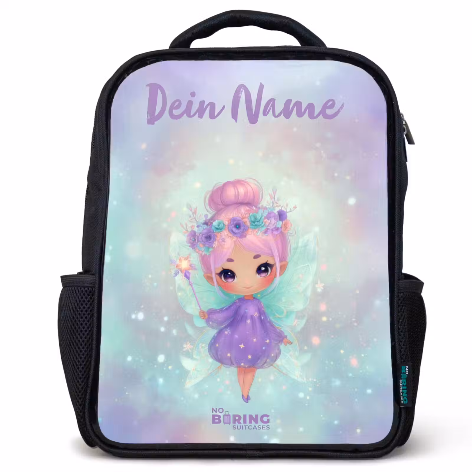 Kinderrucksack mit Namen - Schwarz - Blumenfee in pastellfarbenem Glanz — 1
