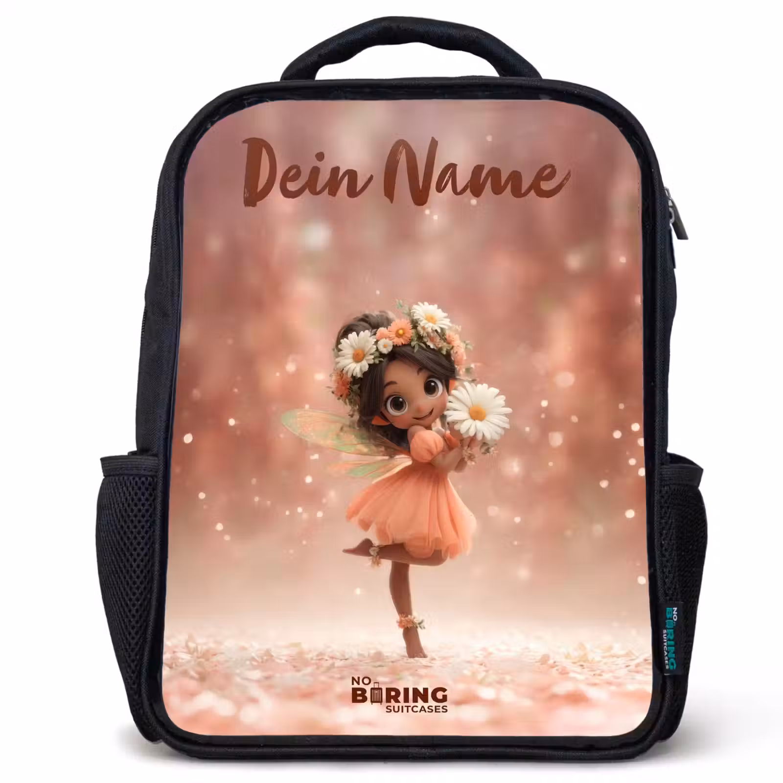 Kinderrucksack mit Namen - Schwarz - Fee mit Gänseblümchen — 1
