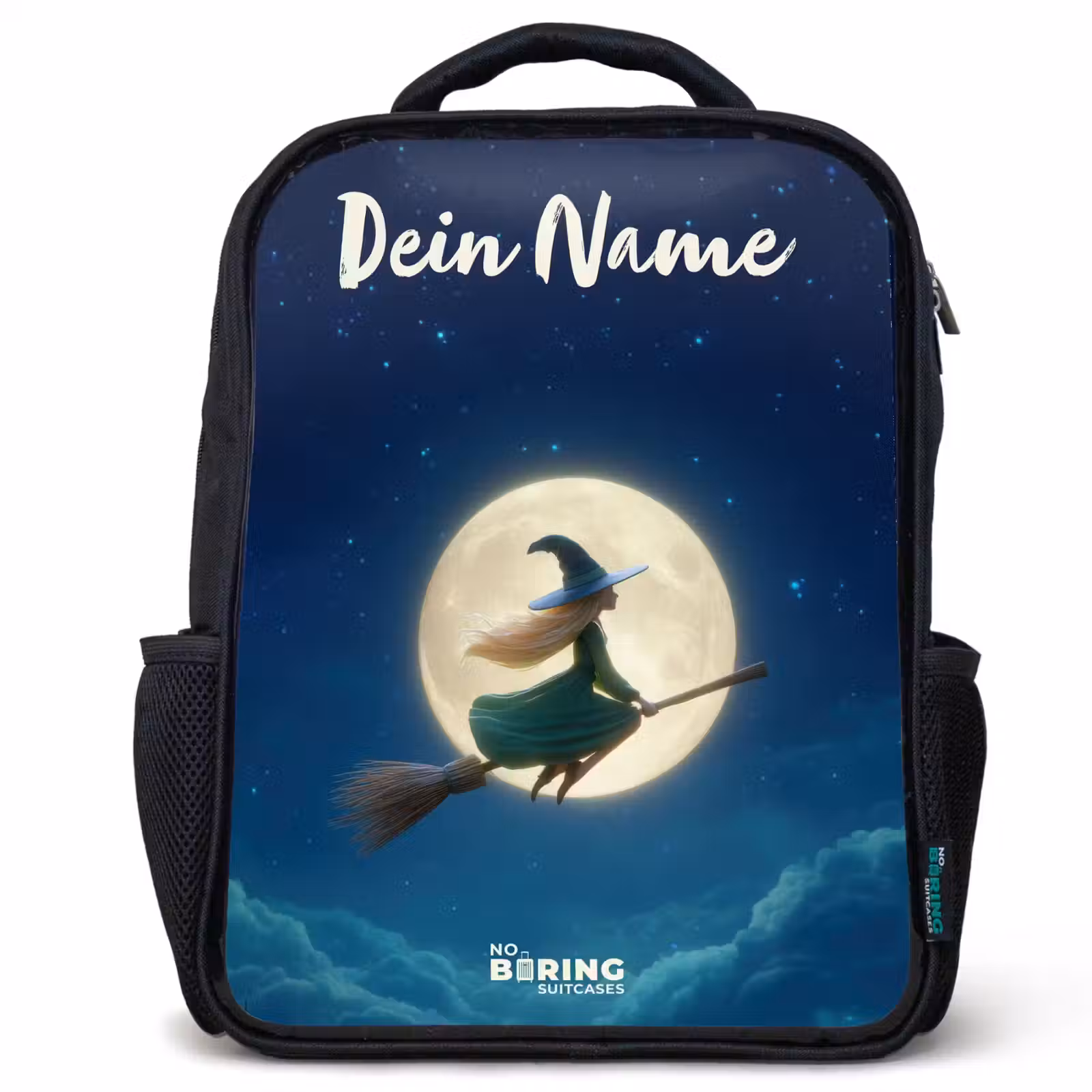 Kinderrucksack mit Namen - Schwarz - Hexe im Mondscheinflug — 1