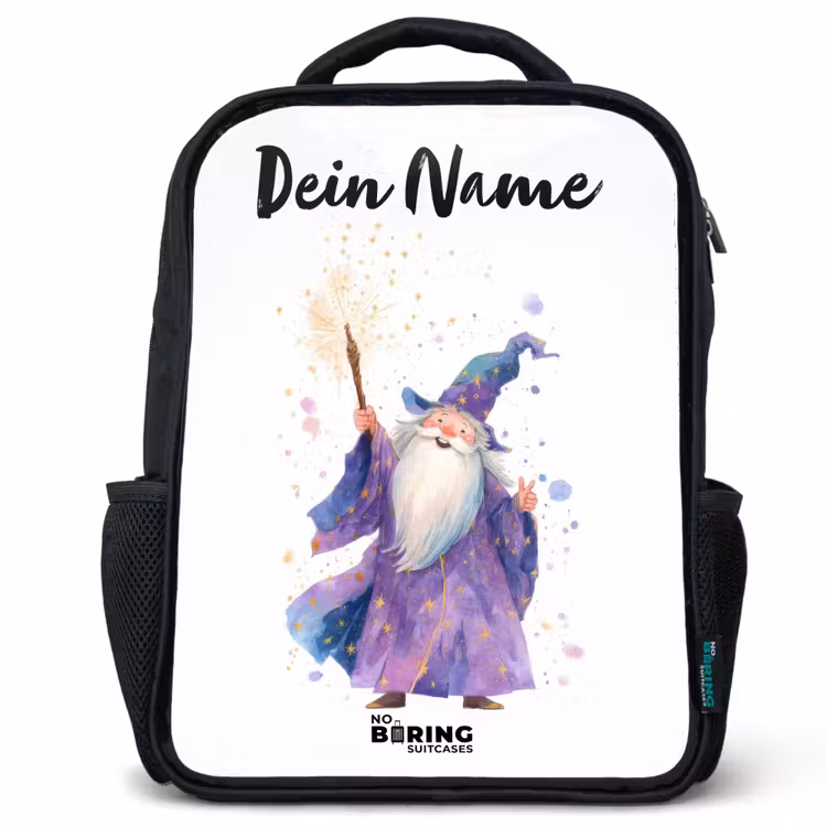 Kinderrucksack mit Namen - Schwarz - Alter Magier mit Stab — 1