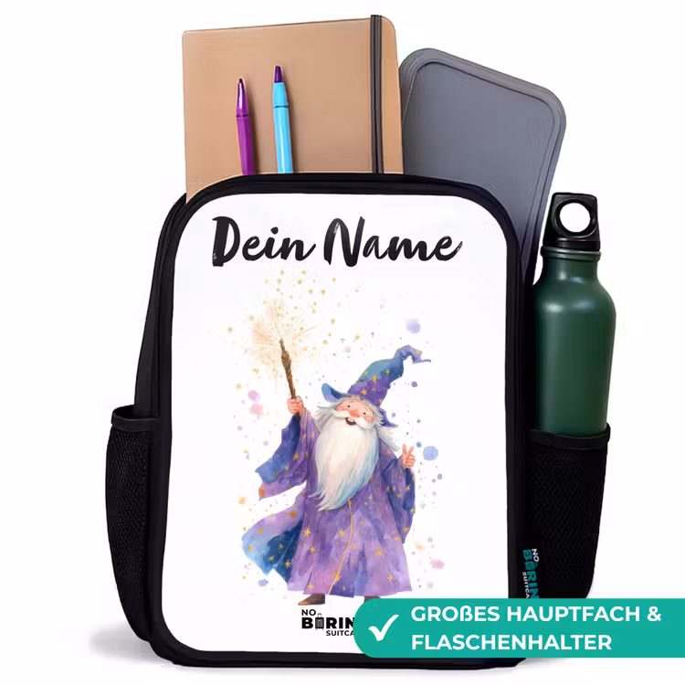 Kinderrucksack mit Namen - Schwarz - Alter Magier mit Stab — 8