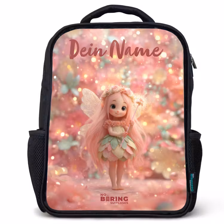 Kinderrucksack mit Namen - Schwarz - Blumenfee in rosa Märchenwelt — 1