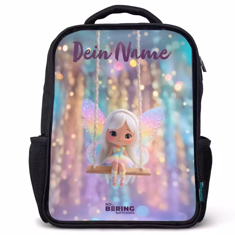 Kinderrucksack mit Namen - Schwarz - Fee - Elf - Regenbogen — 1