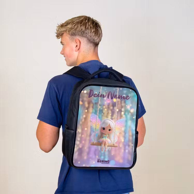 Kinderrucksack mit Namen - Schwarz - Fee - Elf - Regenbogen — 3