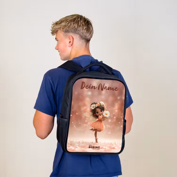 Kinderrucksack mit Namen - Schwarz - Fee mit Gänseblümchen — 3