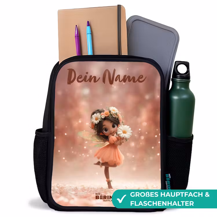 Kinderrucksack mit Namen - Schwarz - Fee mit Gänseblümchen — 8