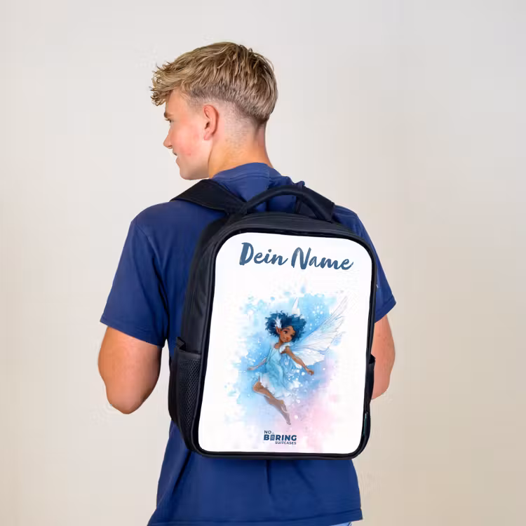 Kinderrucksack mit Namen - Schwarz - Fliegende Fee in Blautönen — 3