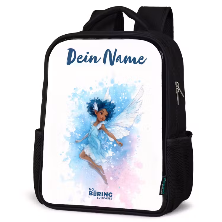 Kinderrucksack mit Namen - Schwarz - Fliegende Fee in Blautönen — 4