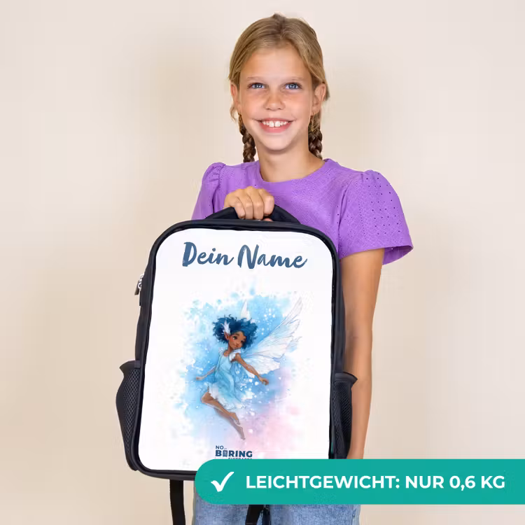 Kinderrucksack mit Namen - Schwarz - Fliegende Fee in Blautönen — 7