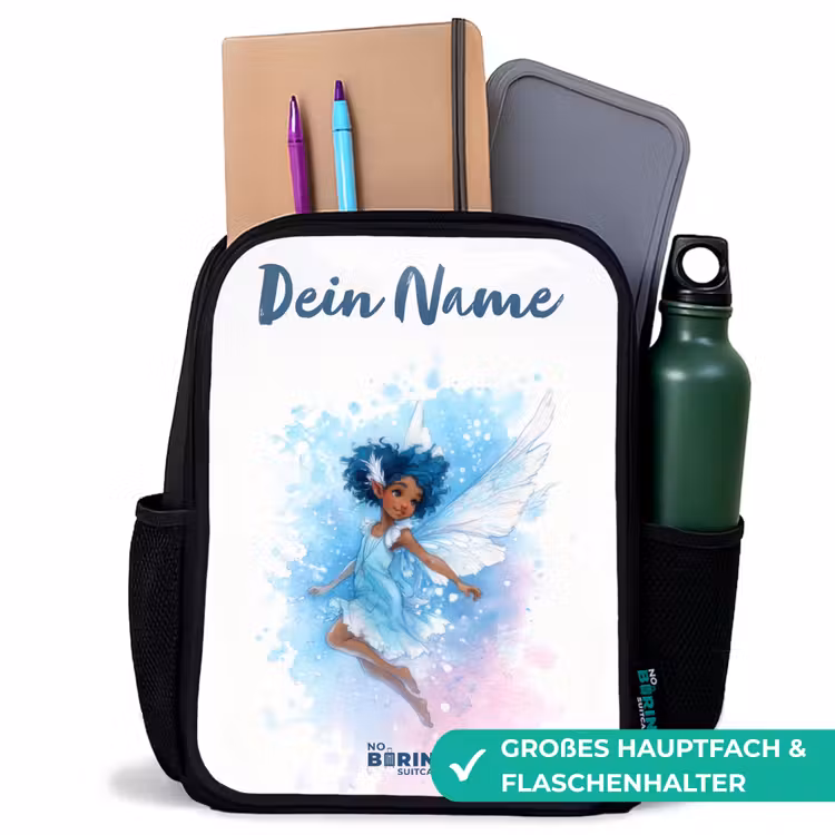 Kinderrucksack mit Namen - Schwarz - Fliegende Fee in Blautönen — 8