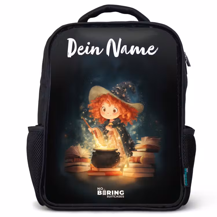 Kinderrucksack mit Namen - Schwarz - Hexe mit funkelndem Trank — 1