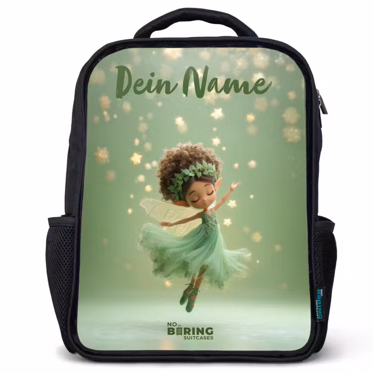 Kinderrucksack mit Namen - Schwarz - Tanzende Fee in grünem Licht — 1