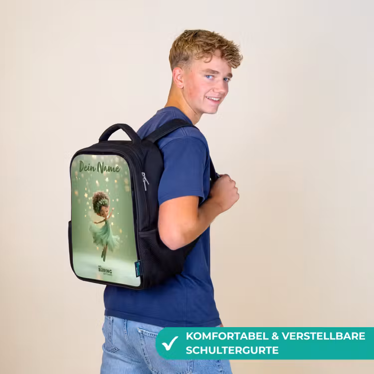 Kinderrucksack mit Namen - Schwarz - Tanzende Fee in grünem Licht — 9