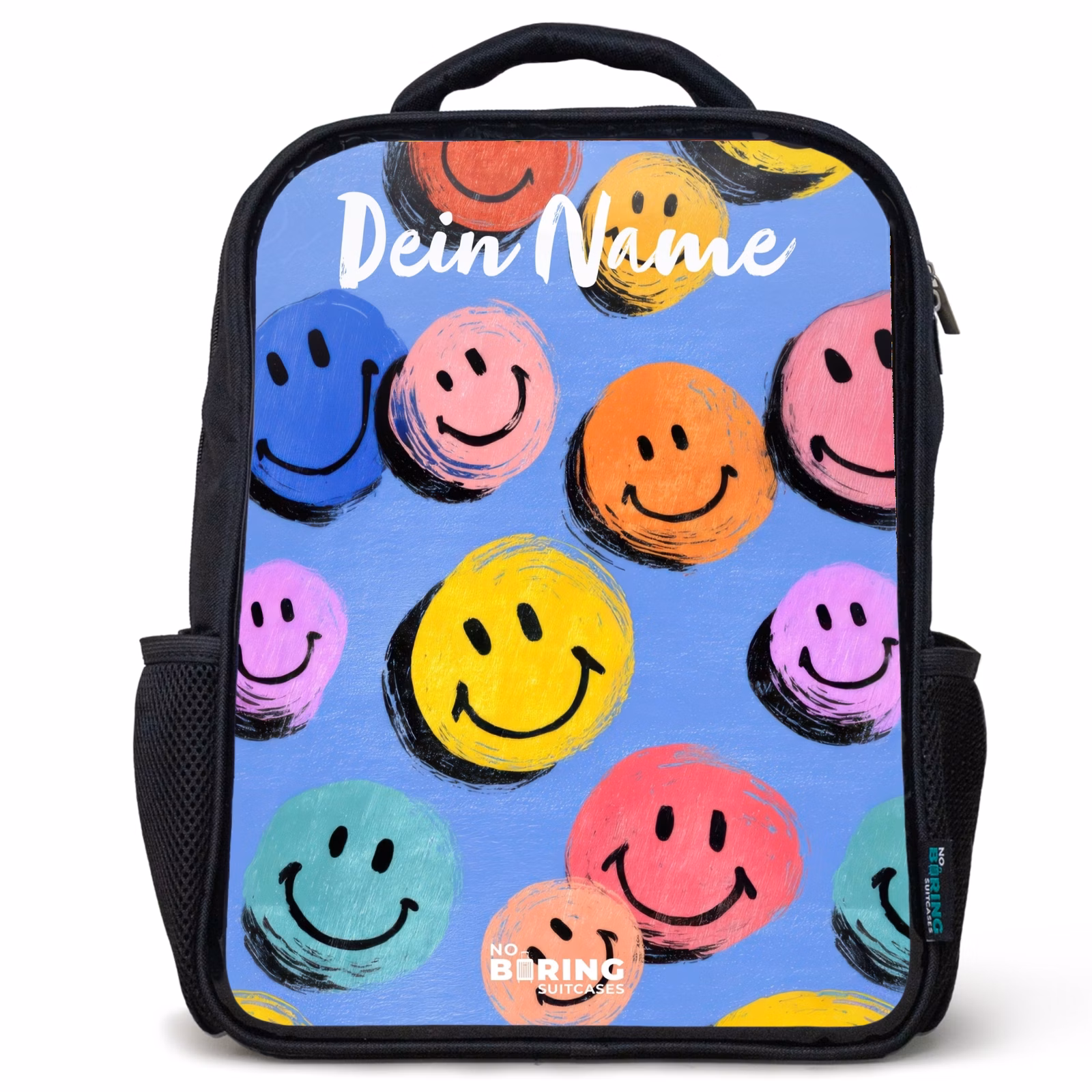 Kinderrucksack mit Namen - Schwarz - Ein verspieltes und künstlerisches Muster aus bunten Smileys — 1