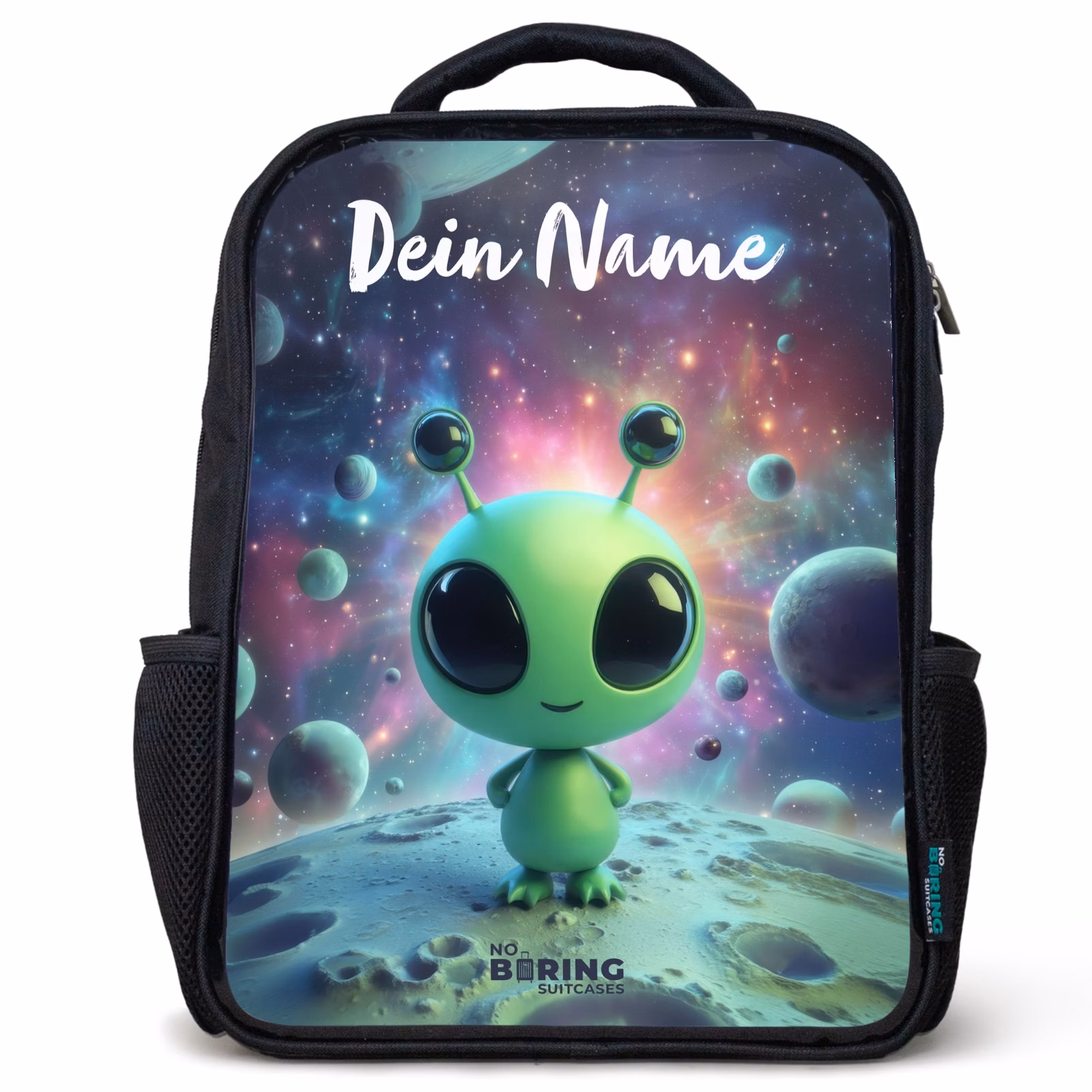 Kinderrucksack mit Namen - Schwarz - Grünes außerirdisches Wesen auf Mondlandschaft — 1