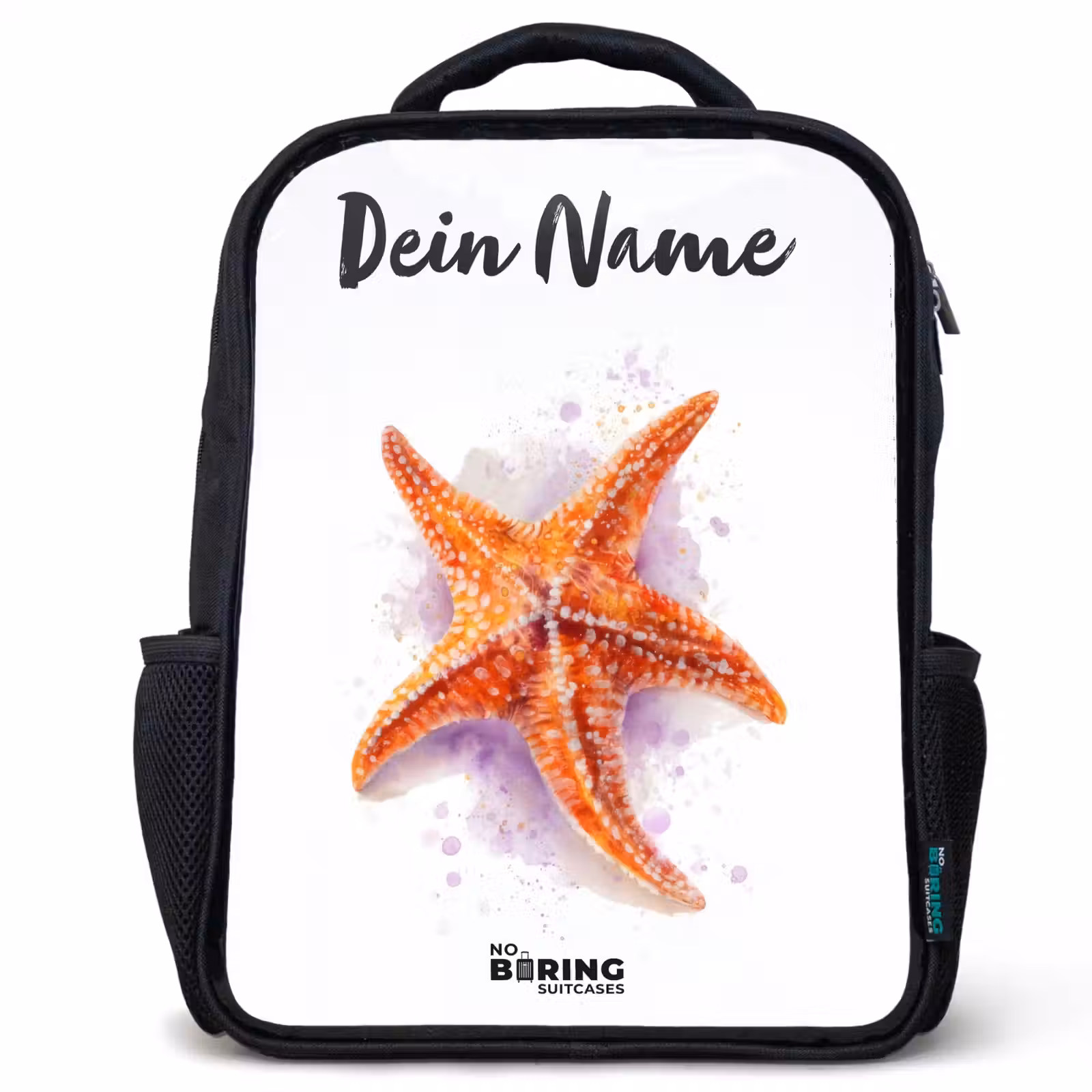 Kinderrucksack mit Namen - Schwarz - Orange Seestern Illustration — 1