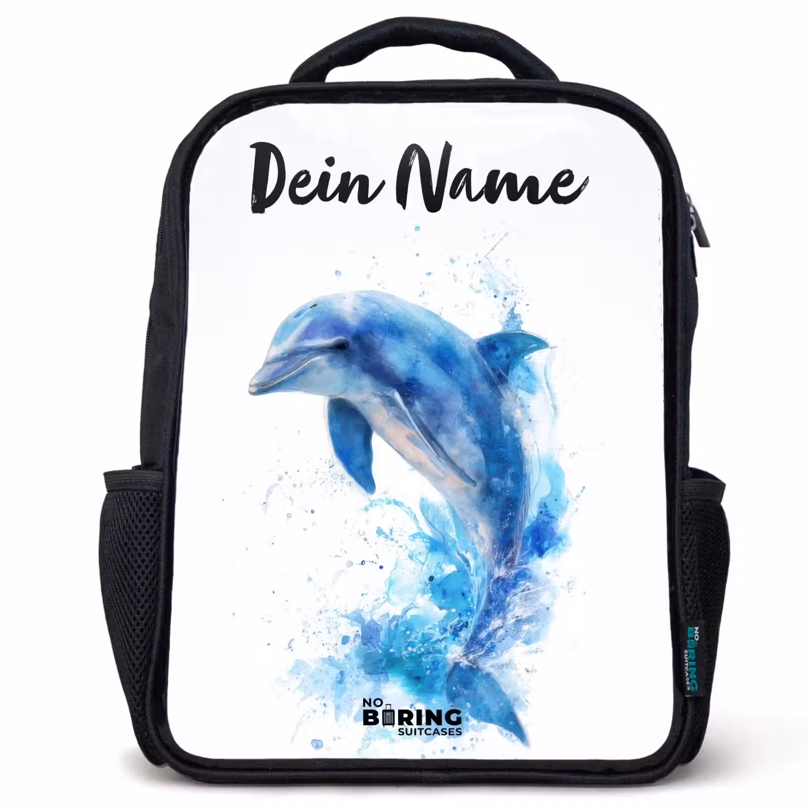 Kinderrucksack mit Namen - Schwarz - Springender blauer Delfin — 1