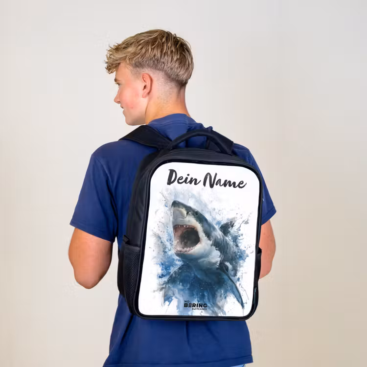 Kinderrucksack mit Namen - Schwarz - Angreifender Hai in Aquarell — 3