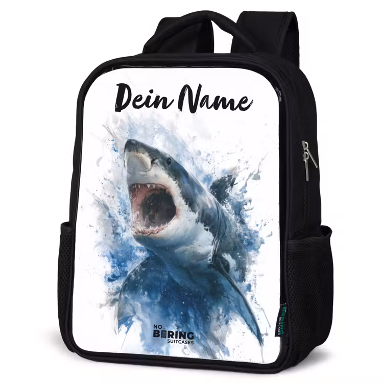 Kinderrucksack mit Namen - Schwarz - Angreifender Hai in Aquarell — 4