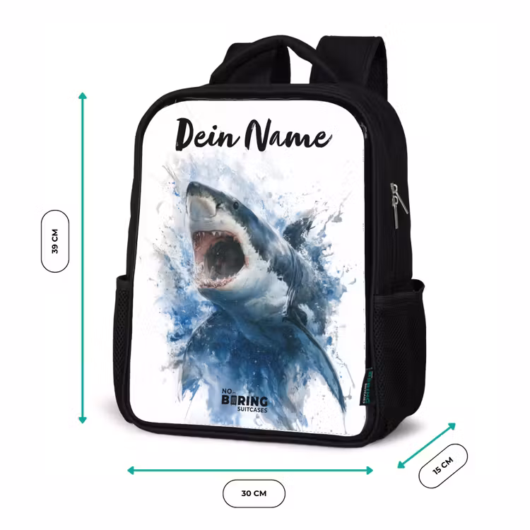 Kinderrucksack mit Namen - Schwarz - Angreifender Hai in Aquarell — 6